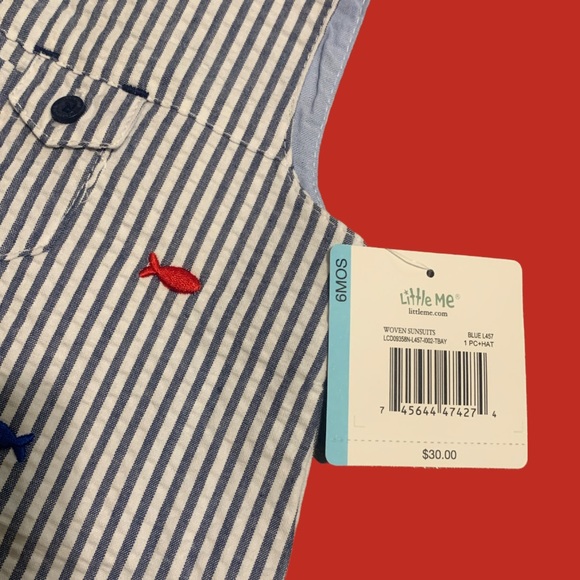 Little Me Woven Sunsuit w Hat NWT Nautical Blue Summer Stripes & Rainbow Fish - Picture 3 of 3